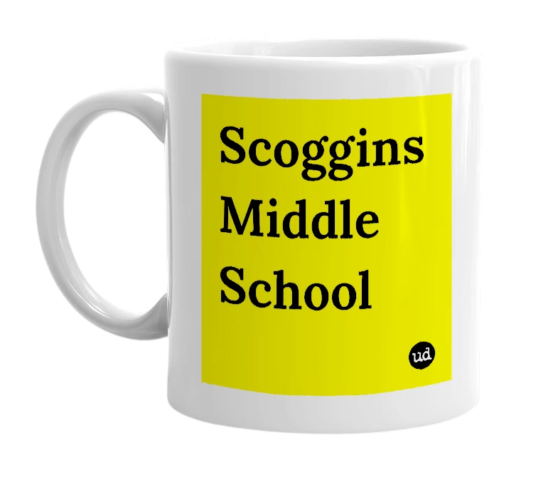 White mug with 'Scoggins Middle School' in bold black letters