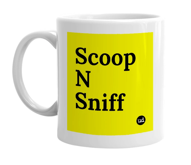 White mug with 'Scoop N Sniff' in bold black letters