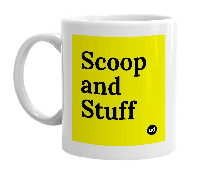 White mug with 'Scoop and Stuff' in bold black letters
