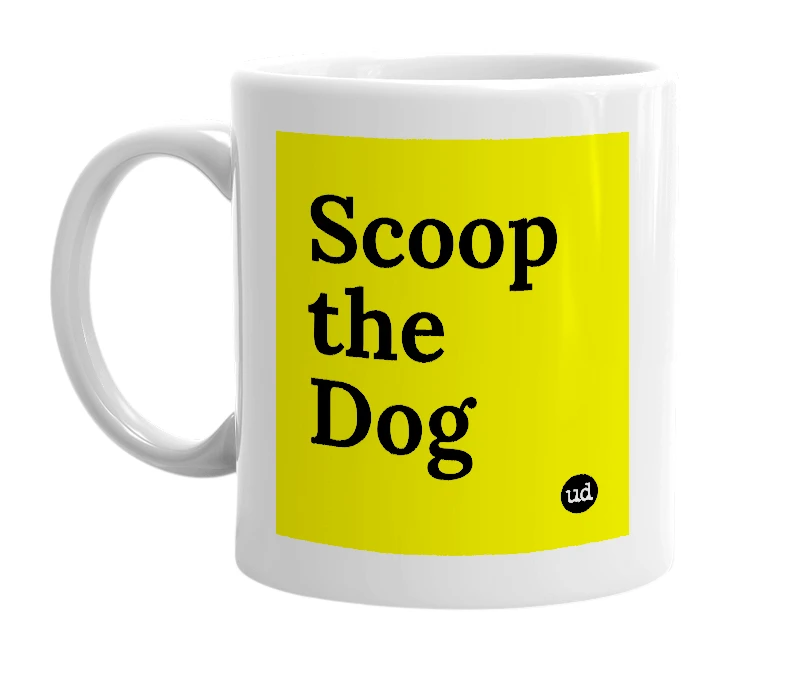 White mug with 'Scoop the Dog' in bold black letters