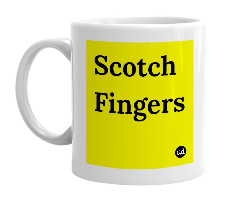 White mug with 'Scotch Fingers' in bold black letters
