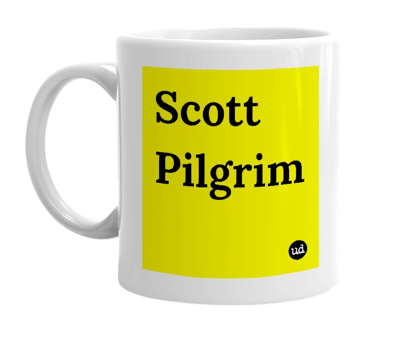 White mug with 'Scott Pilgrim' in bold black letters