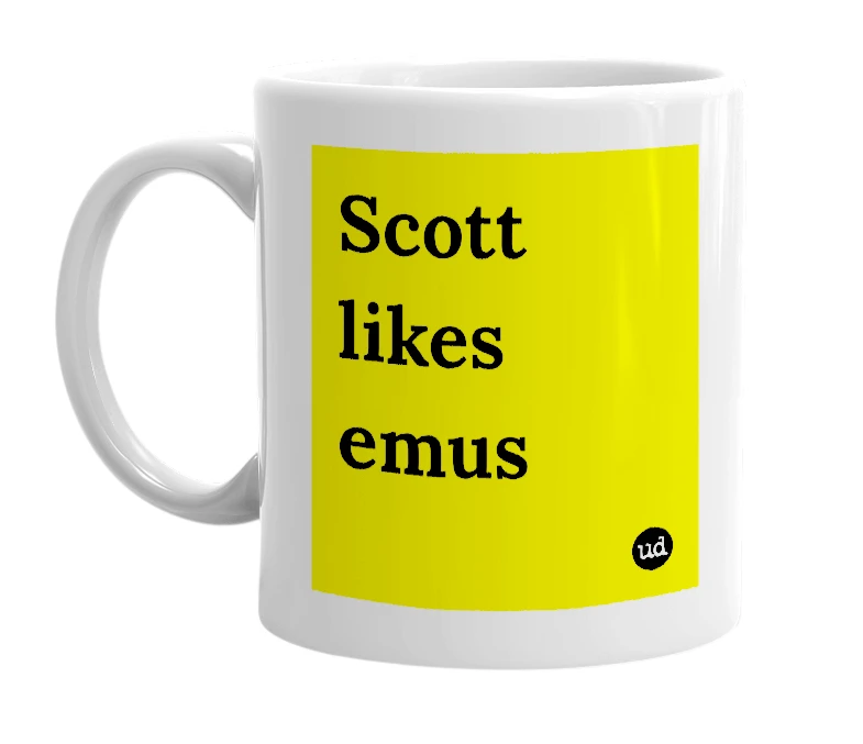 White mug with 'Scott likes emus' in bold black letters