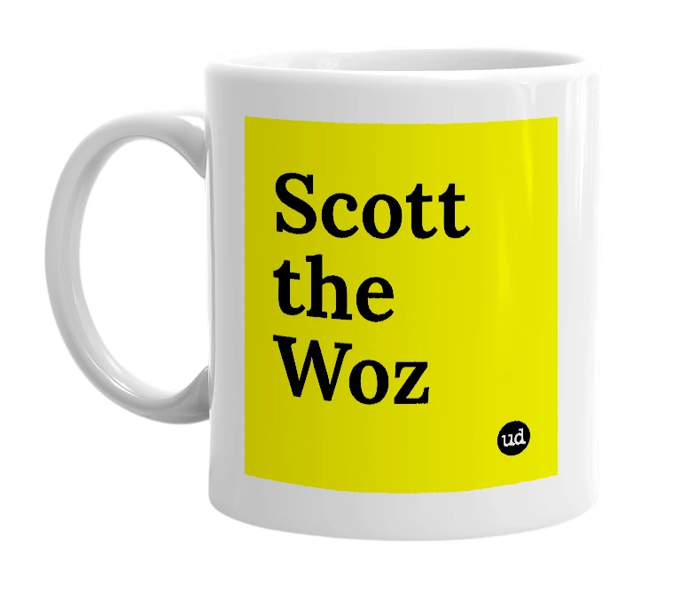 White mug with 'Scott the Woz' in bold black letters