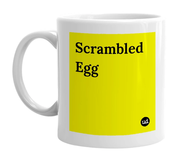 White mug with 'Scrambled Egg' in bold black letters