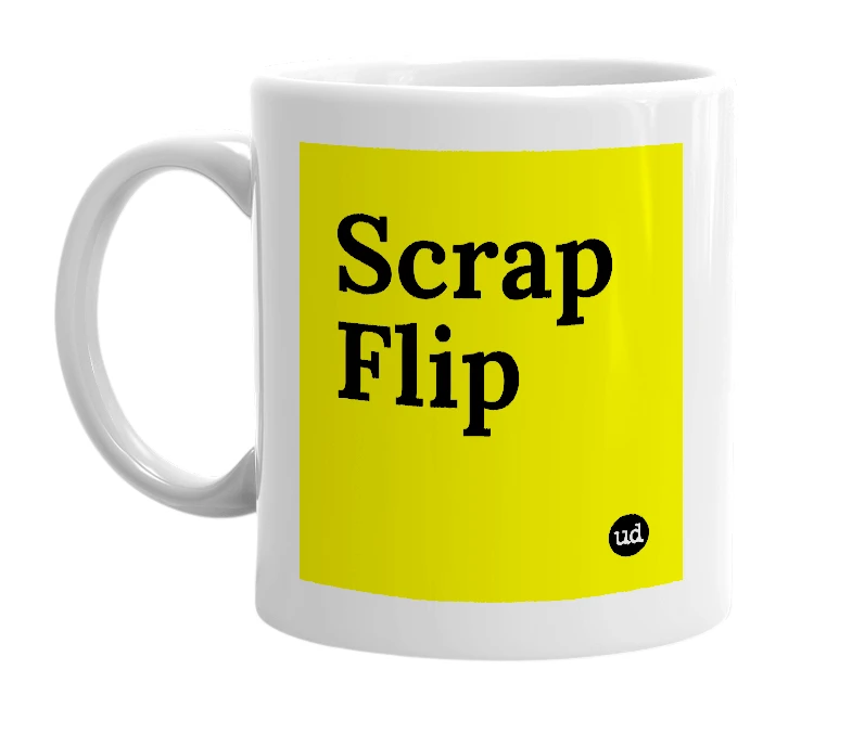 White mug with 'Scrap Flip' in bold black letters