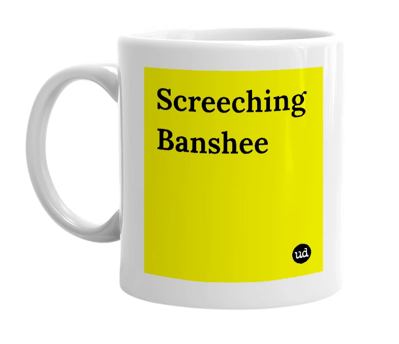 White mug with 'Screeching Banshee' in bold black letters
