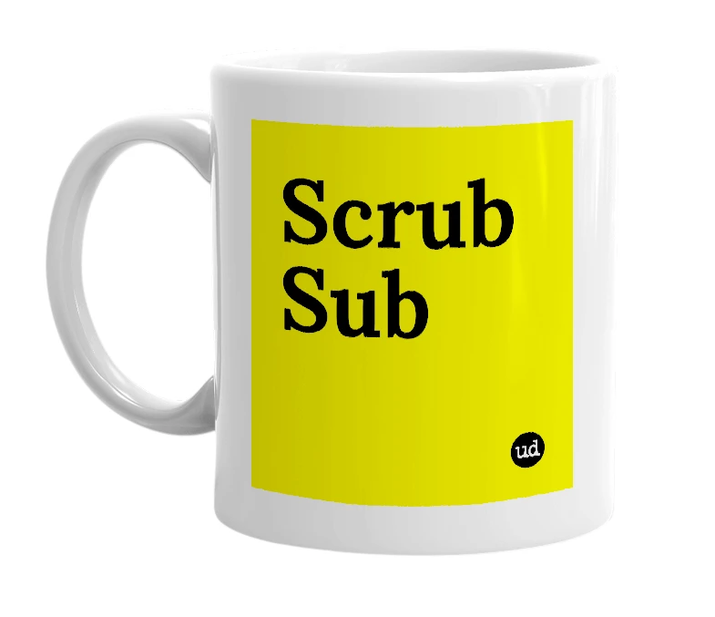 White mug with 'Scrub Sub' in bold black letters