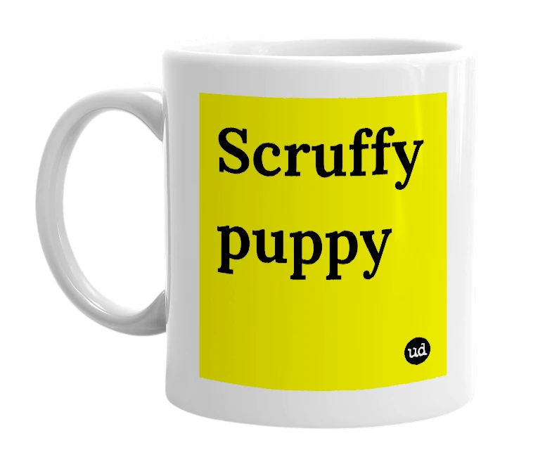 White mug with 'Scruffy puppy' in bold black letters