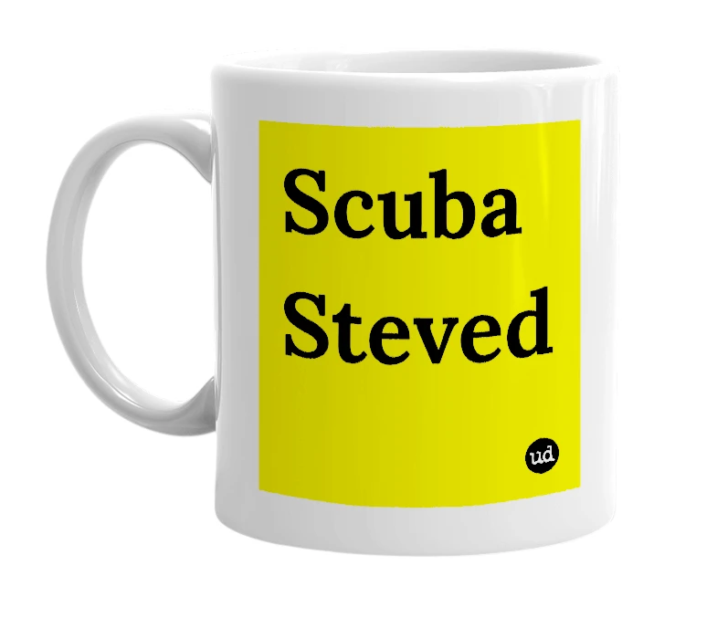 White mug with 'Scuba Steved' in bold black letters
