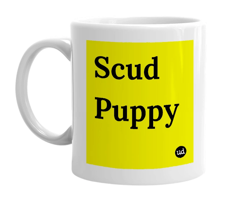 White mug with 'Scud Puppy' in bold black letters