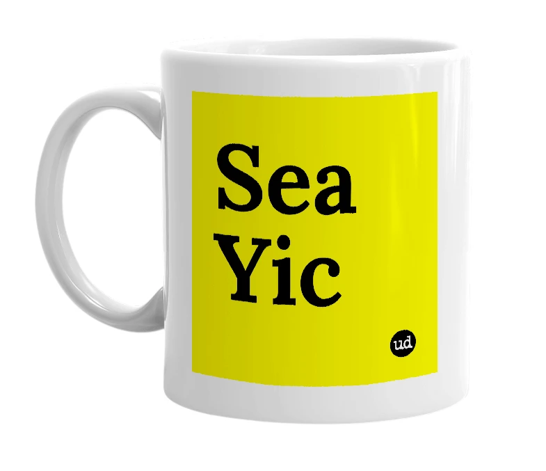 White mug with 'Sea Yic' in bold black letters