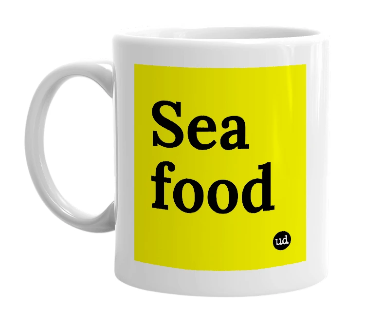 White mug with 'Sea food' in bold black letters