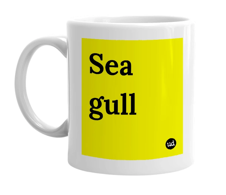 White mug with 'Sea gull' in bold black letters