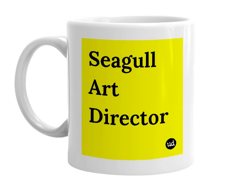 White mug with 'Seagull Art Director' in bold black letters
