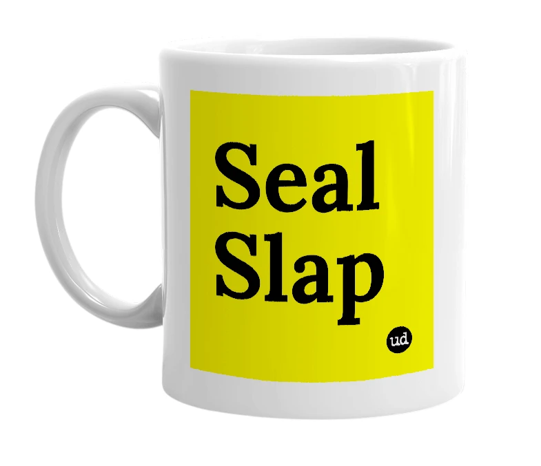 White mug with 'Seal Slap' in bold black letters