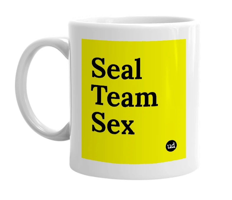 White mug with 'Seal Team Sex' in bold black letters