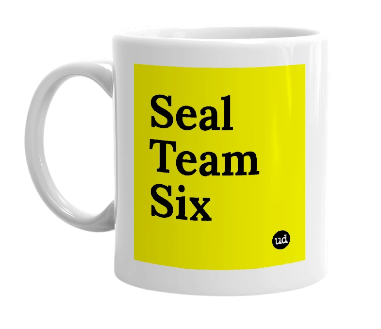 White mug with 'Seal Team Six' in bold black letters