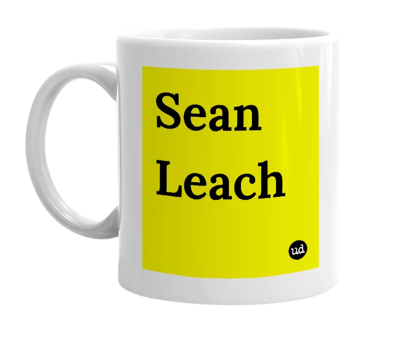 White mug with 'Sean Leach' in bold black letters