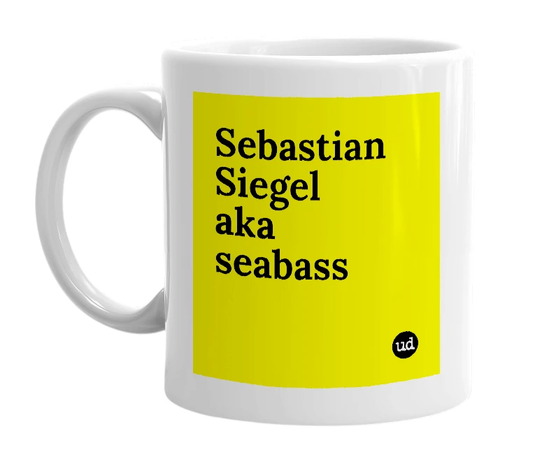 White mug with 'Sebastian  Siegel  aka seabass' in bold black letters