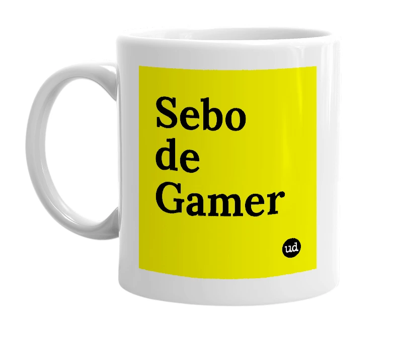 White mug with 'Sebo de Gamer' in bold black letters