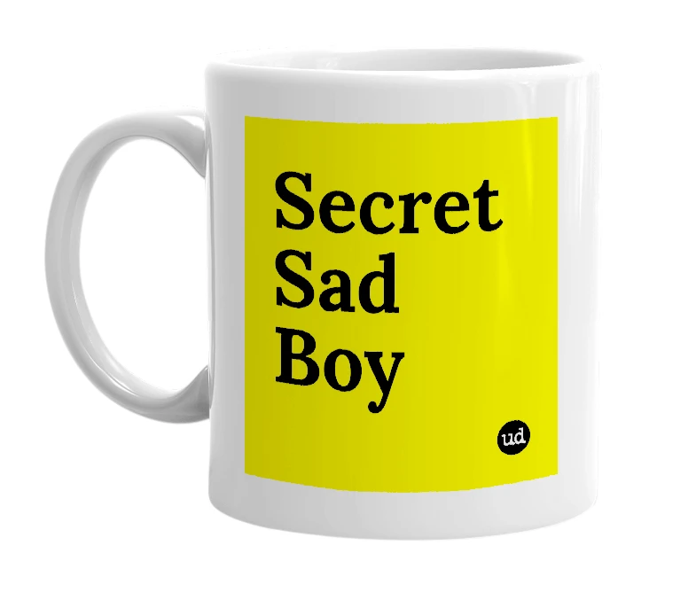 White mug with 'Secret Sad Boy' in bold black letters
