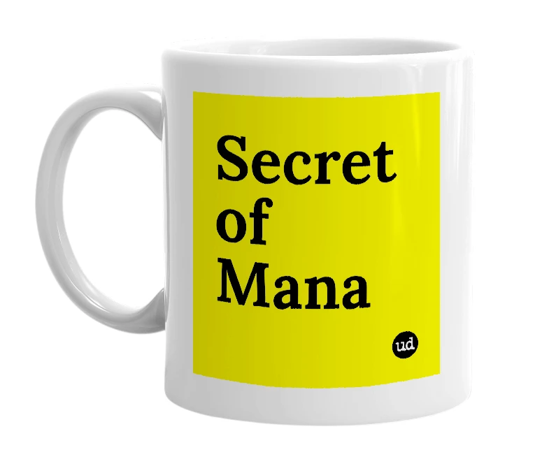 White mug with 'Secret of Mana' in bold black letters