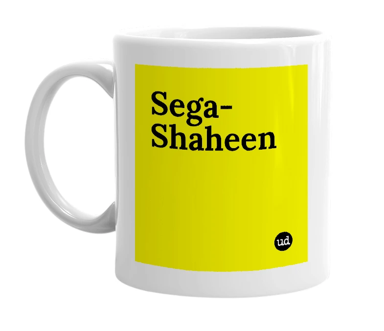 White mug with 'Sega-Shaheen' in bold black letters