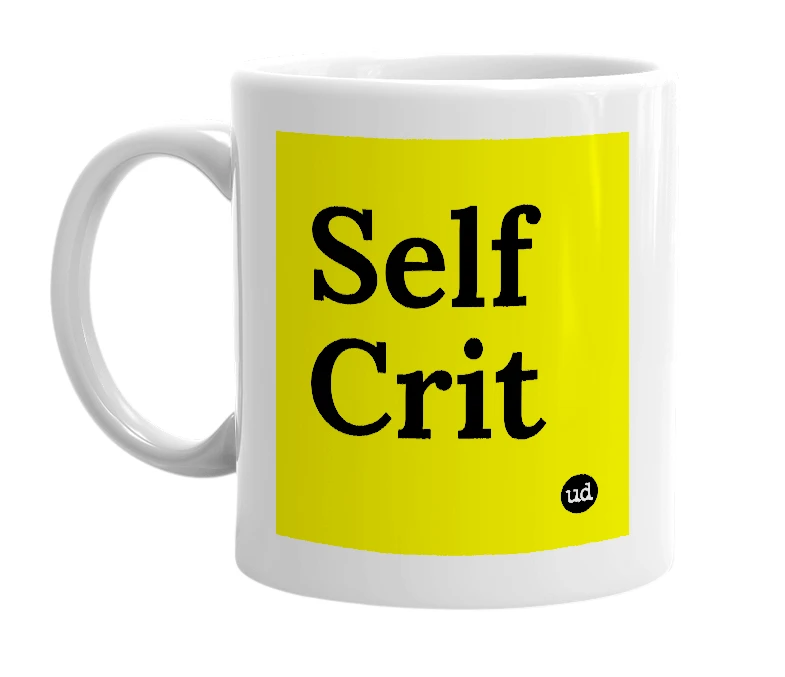 White mug with 'Self Crit' in bold black letters