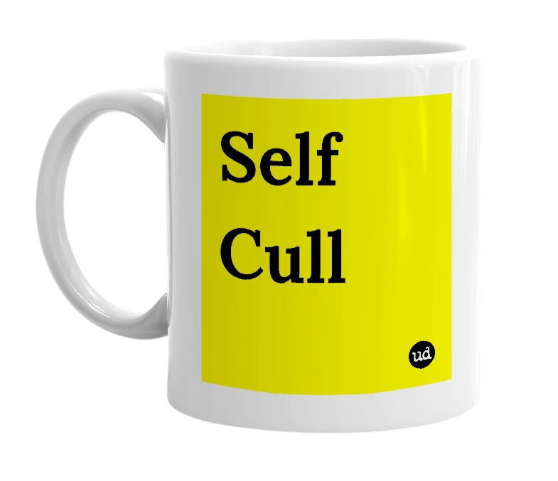 White mug with 'Self Cull' in bold black letters