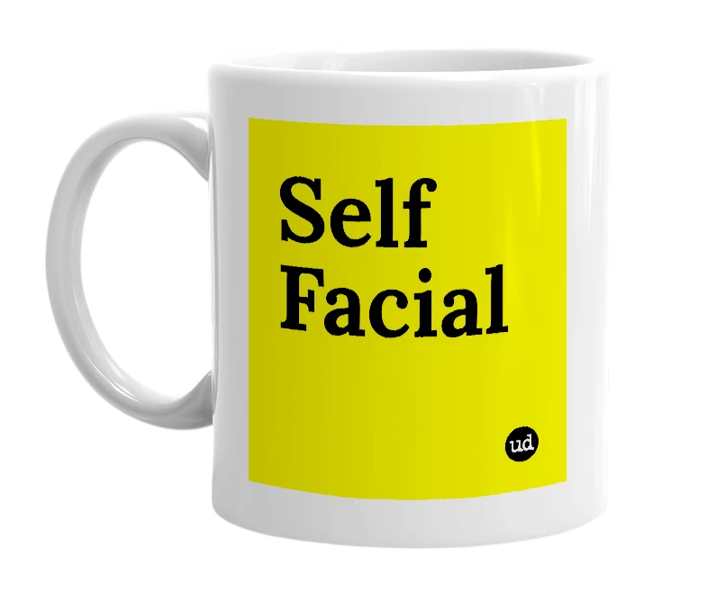 White mug with 'Self Facial' in bold black letters