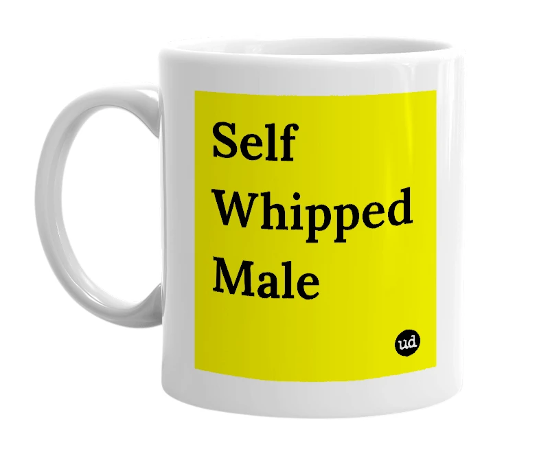 White mug with 'Self Whipped Male' in bold black letters