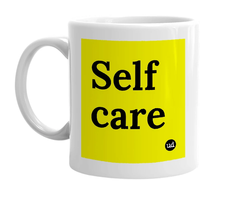 White mug with 'Self care' in bold black letters
