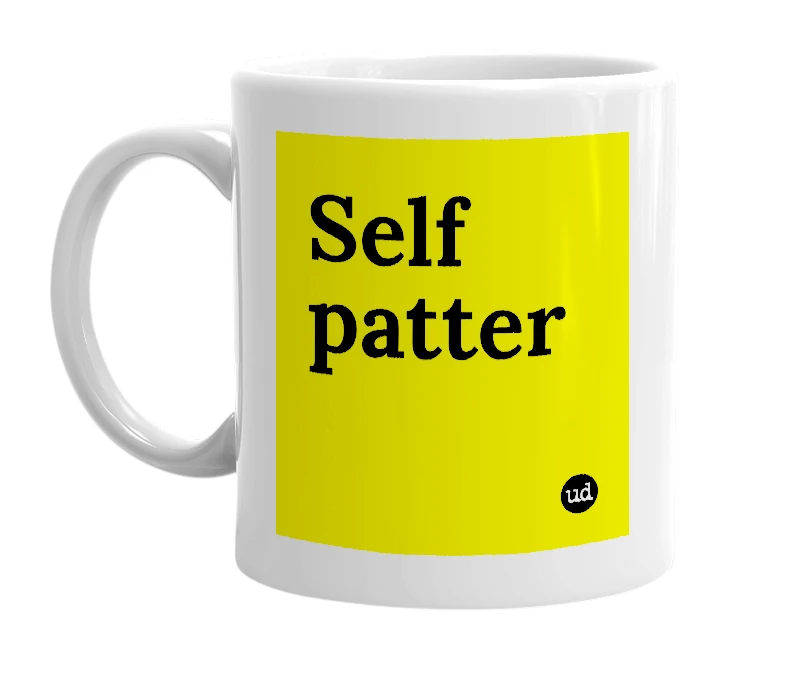 White mug with 'Self patter' in bold black letters