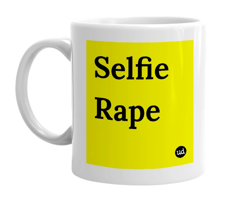 White mug with 'Selfie Rape' in bold black letters