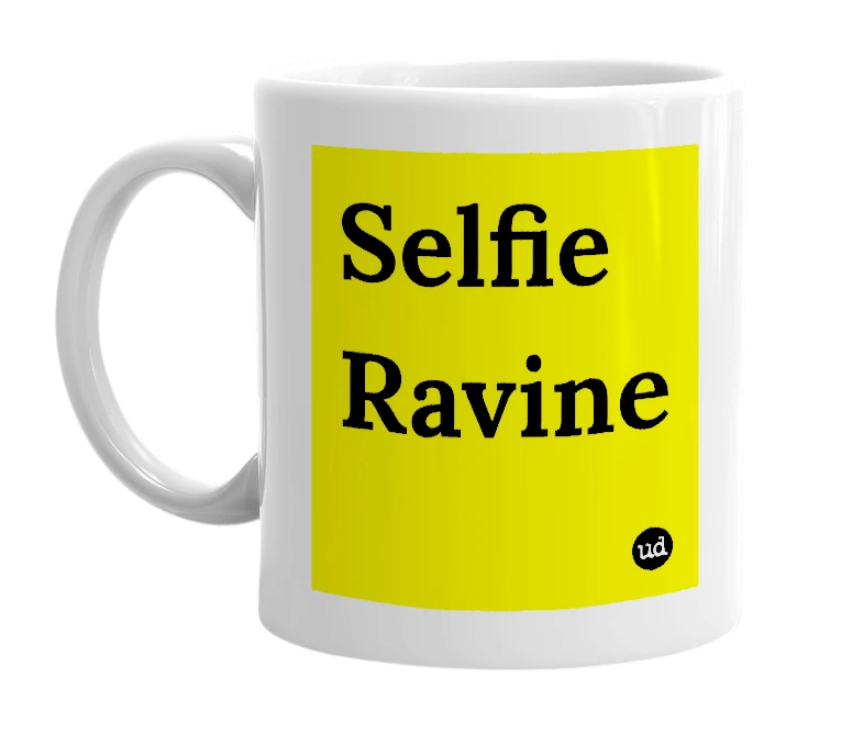 White mug with 'Selfie Ravine' in bold black letters
