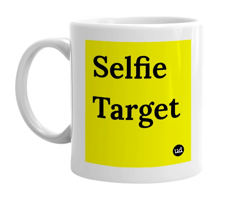 White mug with 'Selfie Target' in bold black letters