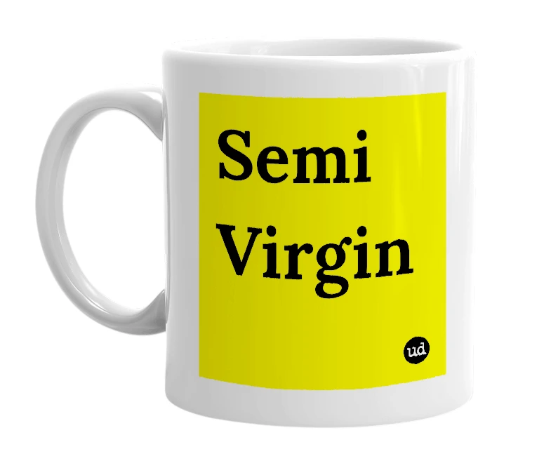 White mug with 'Semi Virgin' in bold black letters