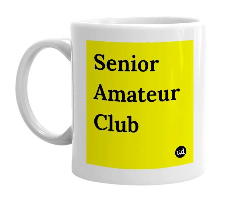 White mug with 'Senior Amateur Club' in bold black letters