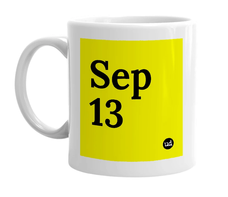 White mug with 'Sep 13' in bold black letters