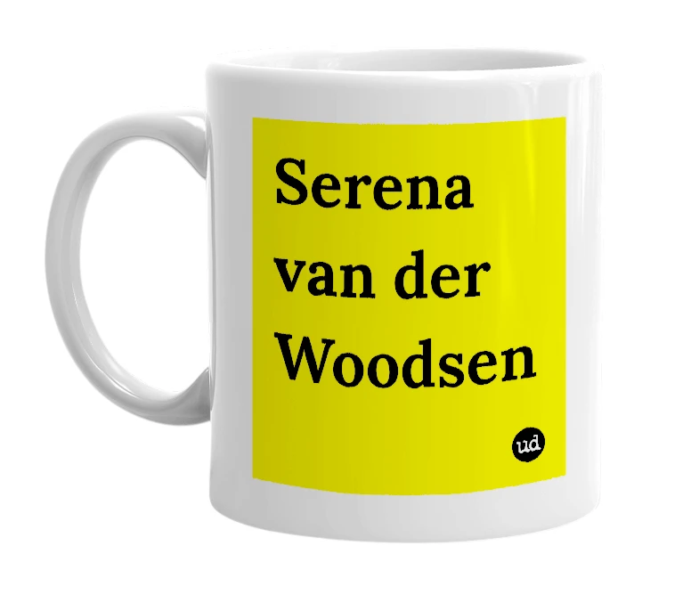 White mug with 'Serena van der Woodsen' in bold black letters