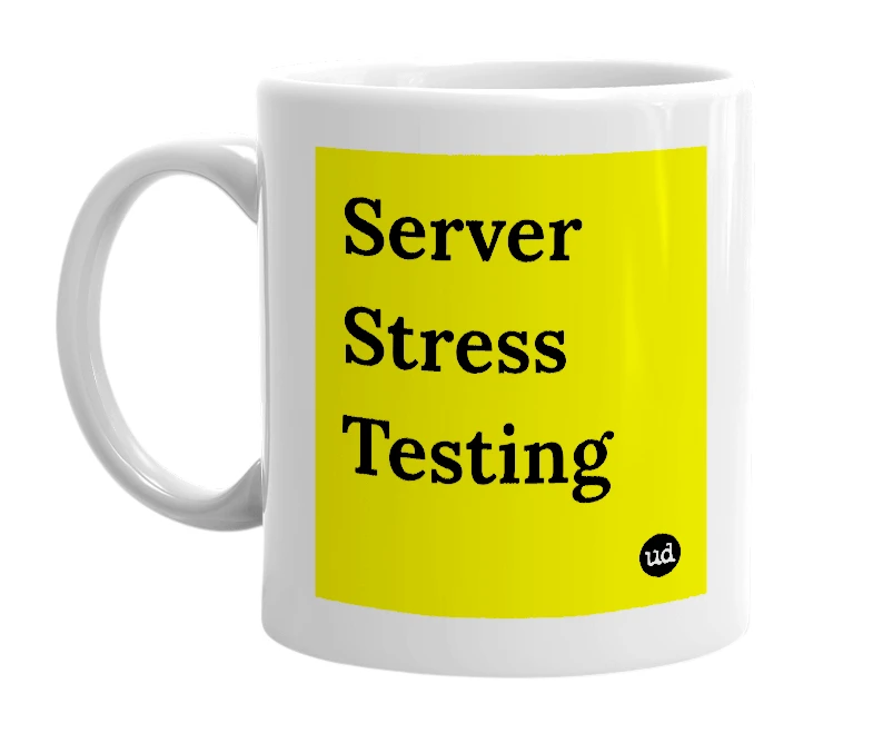 White mug with 'Server Stress Testing' in bold black letters