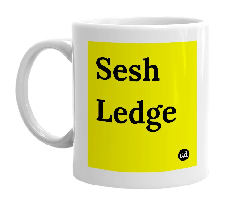 White mug with 'Sesh Ledge' in bold black letters