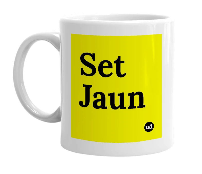 White mug with 'Set Jaun' in bold black letters