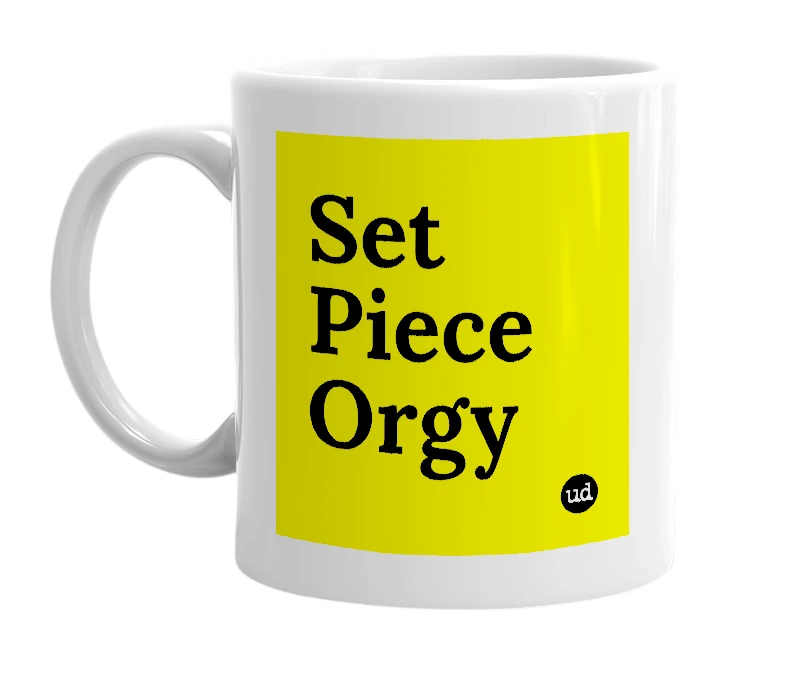 White mug with 'Set Piece Orgy' in bold black letters