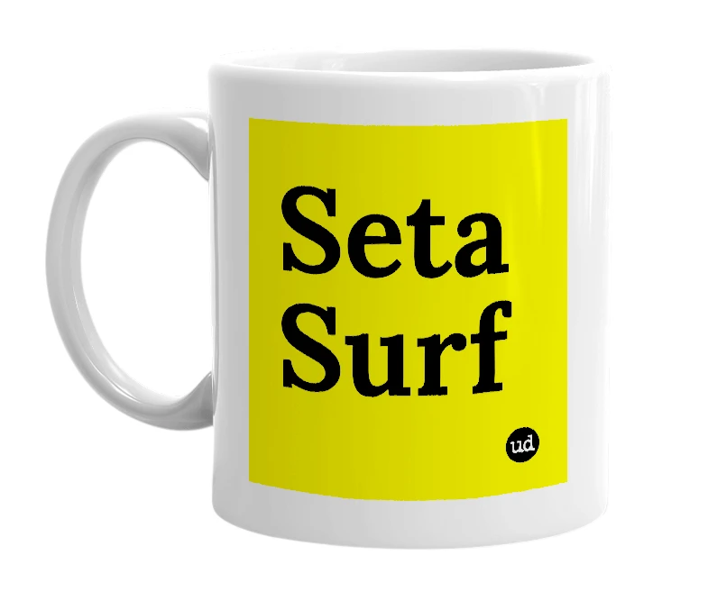 White mug with 'Seta Surf' in bold black letters