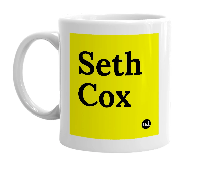 White mug with 'Seth Cox' in bold black letters