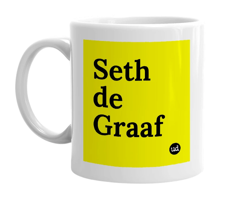 White mug with 'Seth de Graaf' in bold black letters