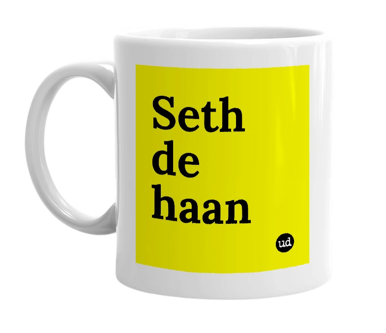 White mug with 'Seth de haan' in bold black letters