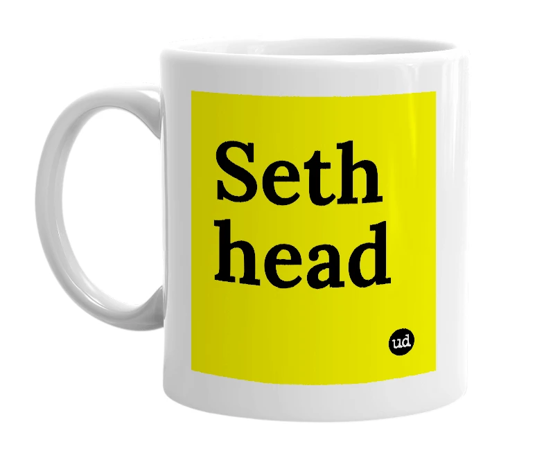 White mug with 'Seth head' in bold black letters